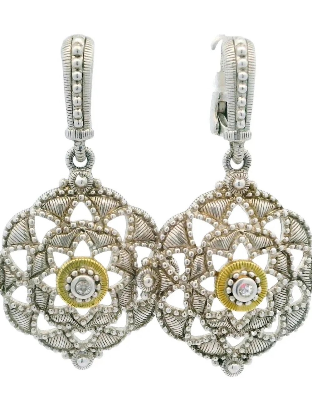 Judith Ripka Sterling Silver 18k Gold Diamond Open Work Dangle Drop Earring